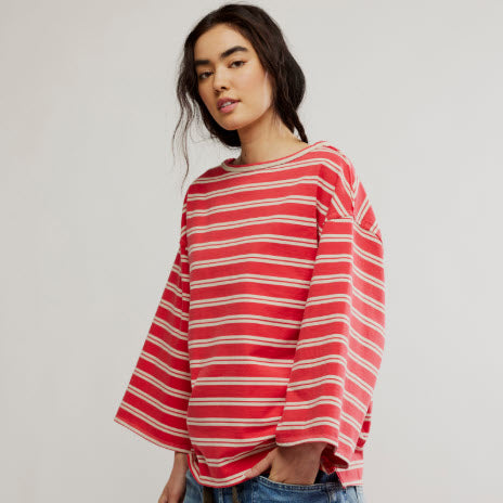 T-shirt manches 3/4 femme rouge à rayures C'est La Vie FREE PEOPLE – OB2236131-1103