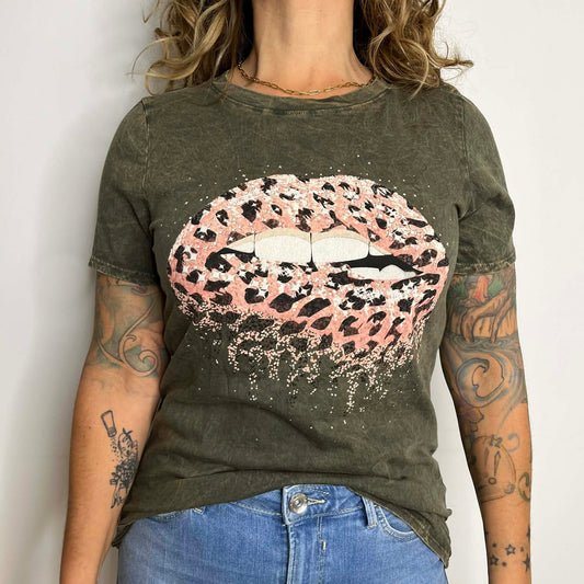 T-Shirt Lèvre Léopard Crop Hrt & Luv FV63 kaki