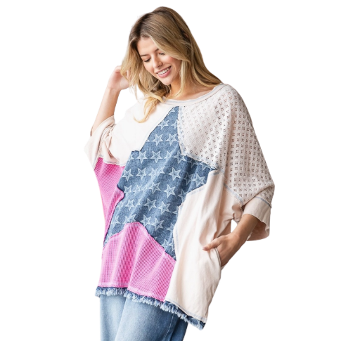 Haut Manche Longue Patchwork Étoile Délavée Oli 1054_6-ROSE