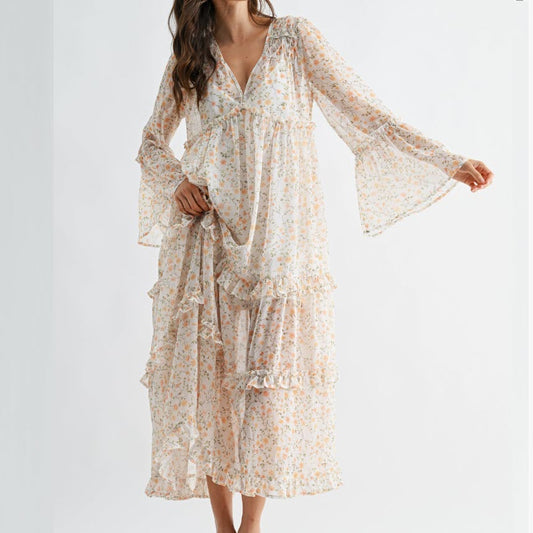 Robe Maxi à Volants Floraux CD10194J Manches Évasées Fluides
