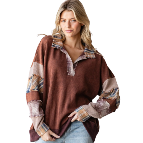 Haut Manches Longues Col V Patchwork Burgundy LSS270