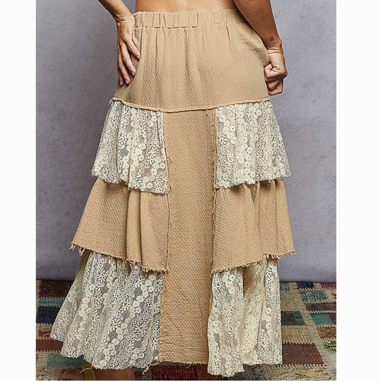 Jupes florales à volants en dentelle en gaze double POL unie vintage Latte LSS29